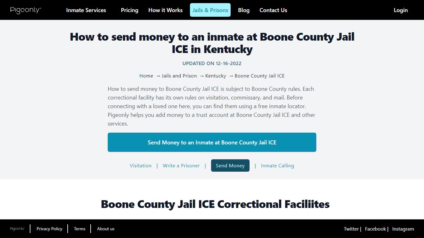 Send Money to Inmate Boone County Jail ICE, Kentucky | Pigeonly